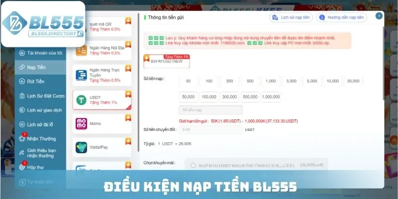 Điều kiện nạp tiền BL555